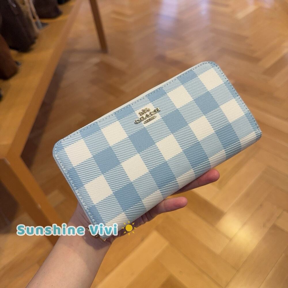 NWT Coach Long Zip Around Wallet With Gingham Print CFA13 Gold/Blue Multi